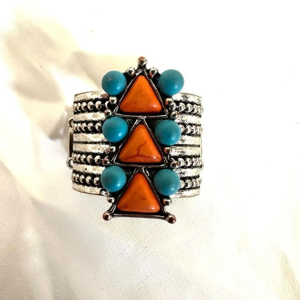 Blue and orange silver tone stretchy ring